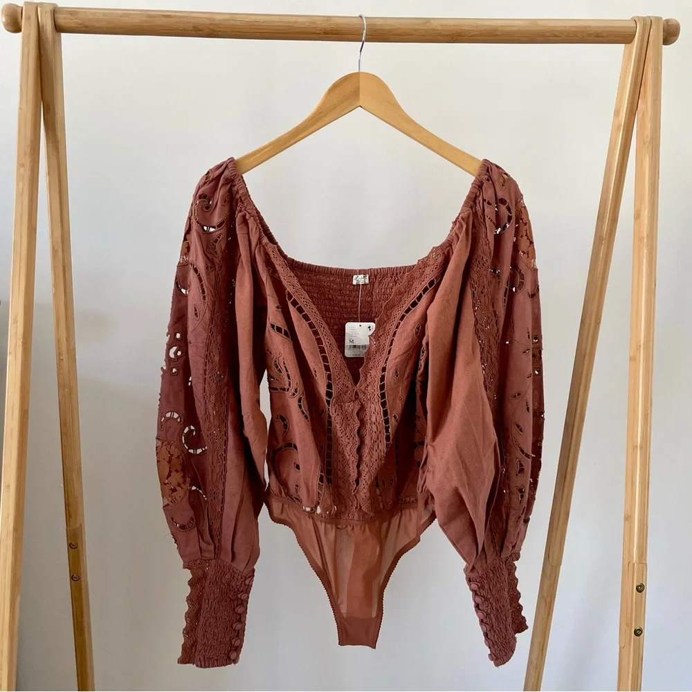 NWT Free People Intimately Regina Lace Eyelet Bodysuit in Terracotta - M